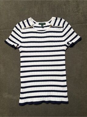 Lauren Ralph Lauren Nautical Stripe Ribbed Knit Top Large Gold Zip Shoulders